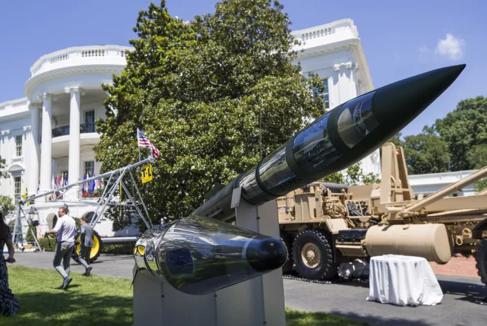 FILE - Terminal High Altitude Area Defense (THAAD) anti-ballistic missile defense system is displayed during a Made in America showcase on the South Lawn of the White House, July 15, 2019, in Washington. The Biden administration on Tuesday, Aug. 2, 2022, approved two massive arms sales to Saudi Arabia and the United Arab Emirates to help them defend against Iran. The new sales include $2.2 billion for high altitude missile defenses for the UAE. (AP Photo/Alex Brandon, File)