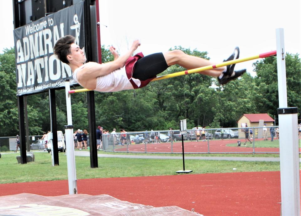 Arlington's John Zelker clears more than 6 feet in the pentathlon high jump during the June 12, 2021 Section 1 Class AA track and field championships at Arlington High. Zelker won the event and the pentathlon.