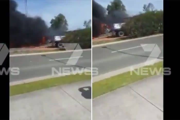 Witnesses filmed the fiery crash at Erskine Park, two people have tragically died following the crash. Photo: 7 News.