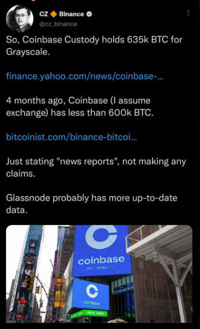 Changpeng 'ZC' Zhao's tweet about Coinbase's reserve assets.