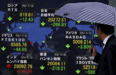 A pedestrian holding an umbrella looks at an electronic board showing the stock market indices of various countries outside a brokerage in Tokyo, Japan, July 6, 2015. REUTERS/Yuya Shino