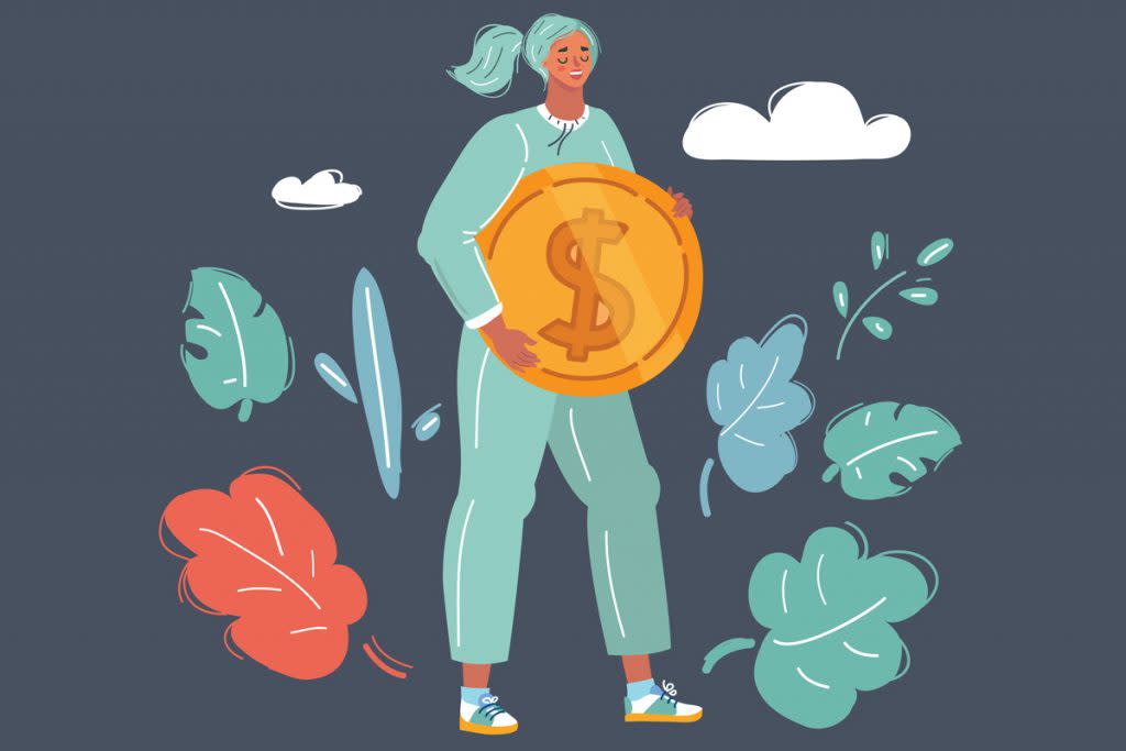 This illustration shows a woman holding a coin.