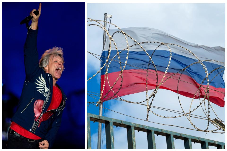 Bon Jovi und eine russische Flagge an einem Barbierdraht in einem zusammengesetzten Bild. - Copyright: Getty Images; MAURO PIMENTEL/AFP via Getty Images