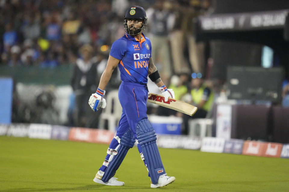 India's Virat Kohli reacts as he walks off the field after doing his wicket during the second one-day international cricket match between India and New Zealand in Raipur, India, Saturday, Jan. 21, 2023. (AP Photo/Aijaz Rahi)