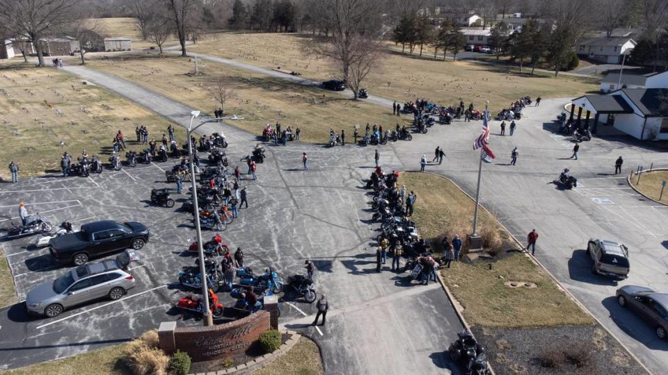 Motorcyclists and family gather in Cedar Hill, Missouri for the funeral of Sharli Edmonds and Chad Metcalf, who died in a house fire in Cahokia Heights on Feb. 24. Joshua Carter/Belleville News-Democrat