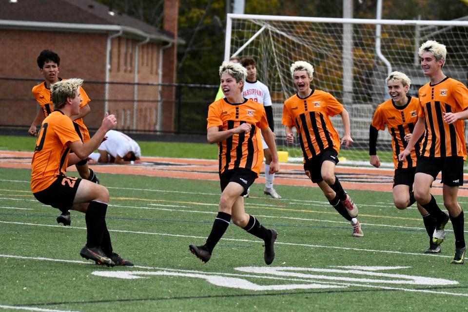 Ryan Luke celebrates after scoring the game-winning goal in Hackettstown's 4-3 win over Parsippany on Nov. 4, 2021, at Morrison Field in Hackettstown.