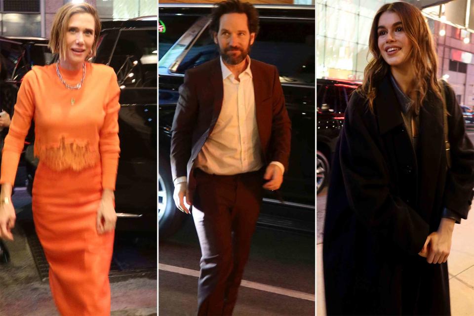 <p>Rick Davis / SplashNews.com</p> Kristen Wiig, Paul Rudd and Kaia Gerber