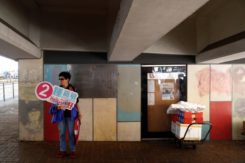 A woman campaigns for Jacqueline Chung, a candidate in Sunday's district council elections in Hong Kong