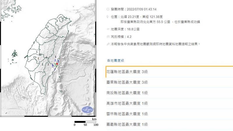  9日凌晨1時43分，發生芮氏規模4.2有感地震。（圖／中央氣象局）