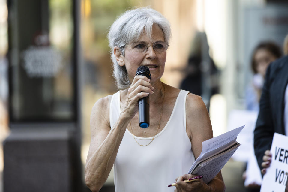 FILE - Former Green Party presidential candidate Jill Stein speaks outside the federal courthouse in Philadelphia, Oct. 2, 2019. Stein is launching another long-shot bid for the presidency as a Green Party candidate. The physician from Lexington, Massachusetts, says she's running to offer people a choice outside of what she calls "the failed two-party system.” (AP Photo/Matt Rourke, File)