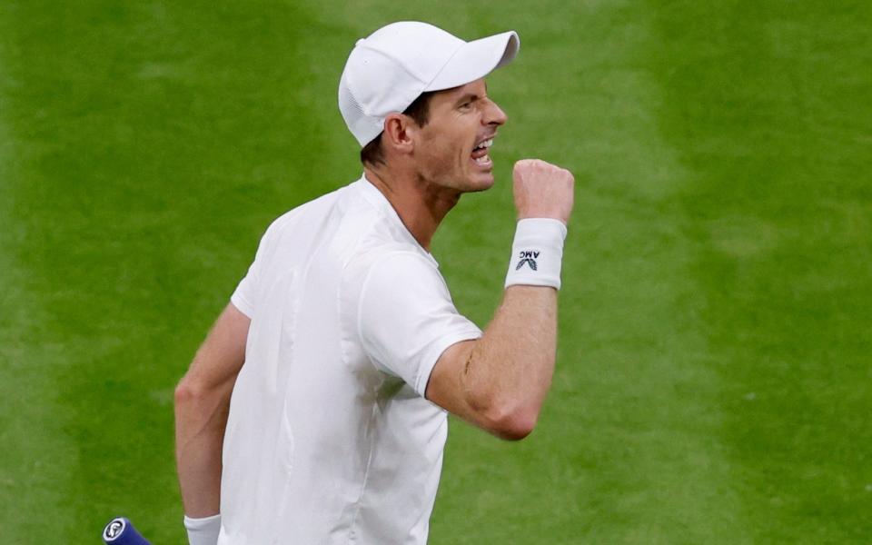 All England Lawn Tennis and Croquet Club, London, Britain - July 6, 2023 Britainâ€™s Andy Murray celebrates winning the second set during his second round match against Greece's Stefanos Tsitsipas