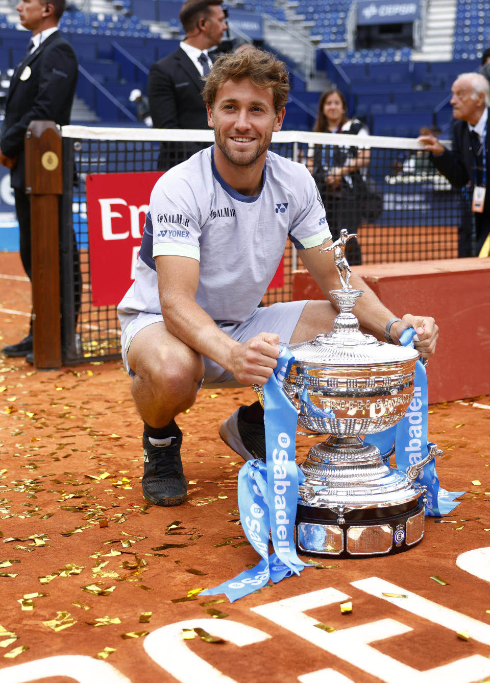 Casper Ruud of Norway poses with the trophy after defeating Stefanos Tsitsipas of Greece 7-5, 6-3 during the final of the Barcelona Open tennis tournament in Barcelona, Spain, Sunday, April 21, 2024. (AP Photo/Joan Monfort)