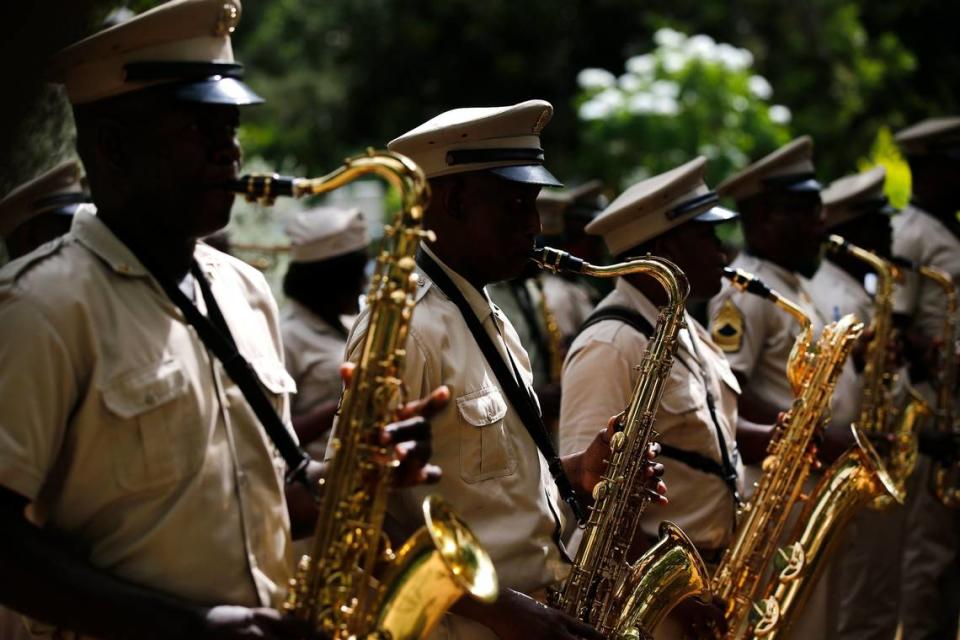 Musicians perform during a memorial service for the late Haitian President Jovenel Moïse at the National Pantheon Museum in Port-au-Prince, Haiti, Tuesday, July 20, 2021. Moïse was assassinated on July 7 at his home.