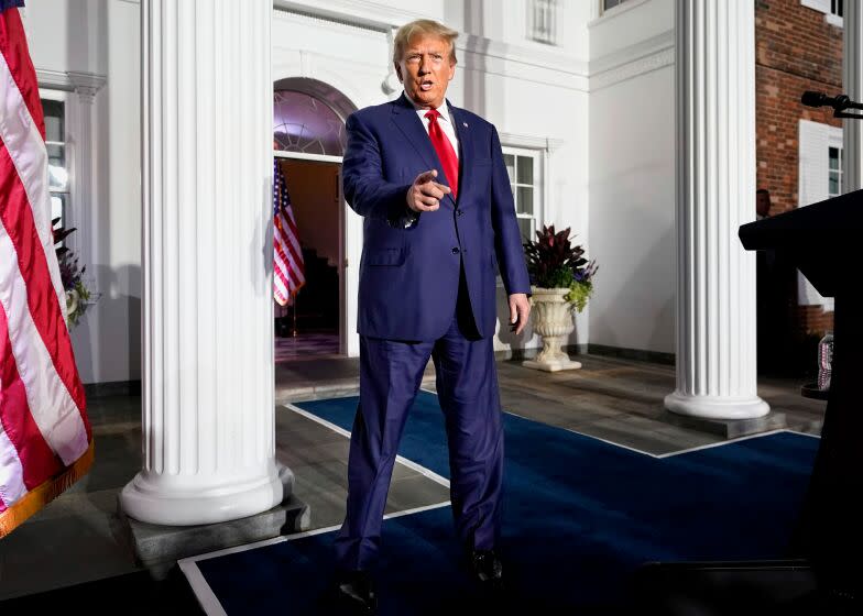 Former President Donald Trump arrives to speak at Trump National Golf Club in Bedminster, N.J., Tuesday, June 13, 2023, after pleading not guilty in a Miami courtroom earlier in the day to dozens of felony counts that he hoarded classified documents and refused government demands to give them back. (AP Photo/Andrew Harnik)