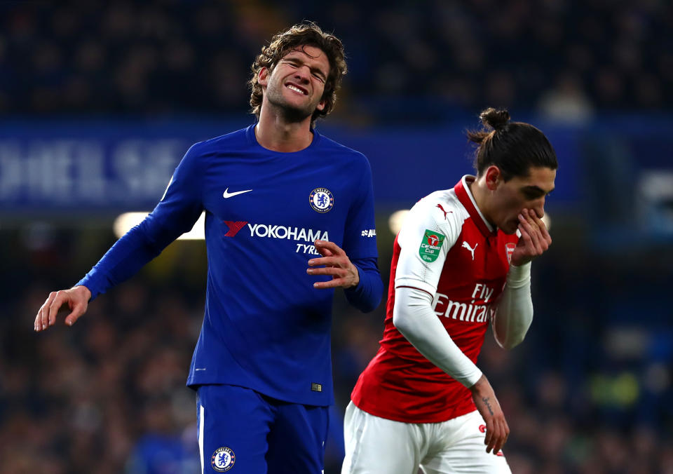 Marcos Alonso and Hector Bellerin during the Carabao Cup Semi-Final First Leg