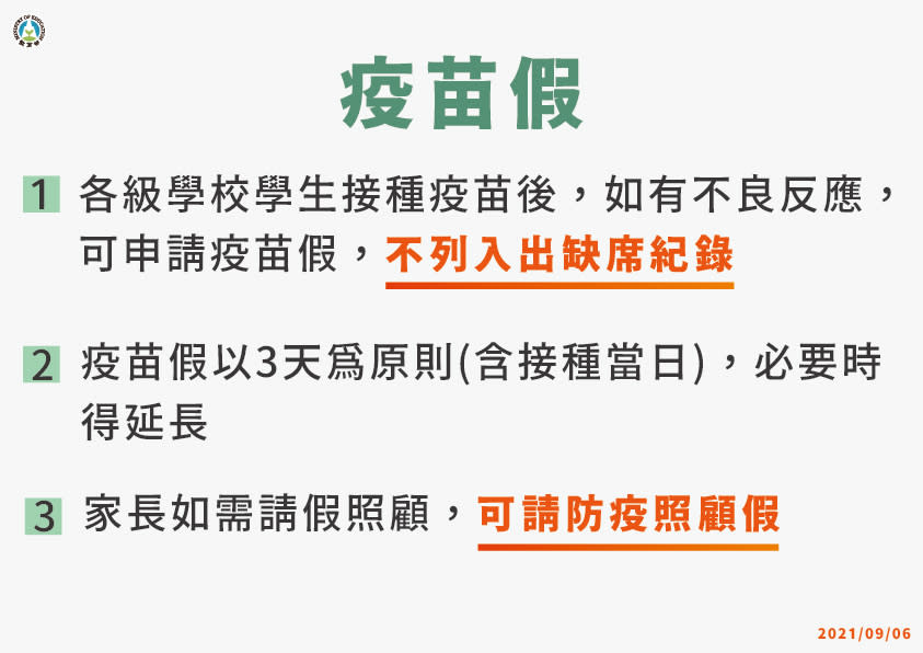 若學生接種疫苗產生身體不適，教育部律定疫苗假請假規則，不列入出缺席紀錄。 圖：教育部提供