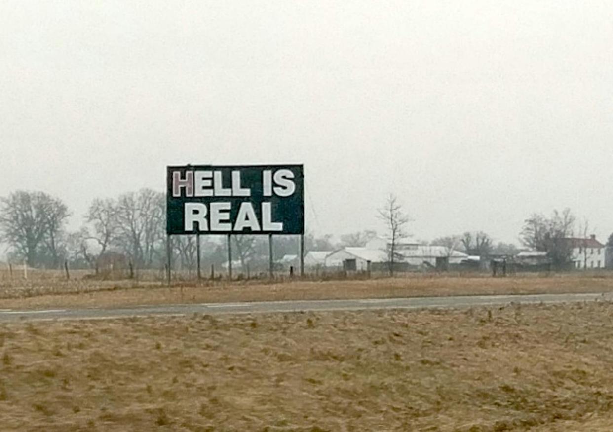 A majority of Americans believe that hell exists. <a href="https://commons.wikimedia.org/wiki/File:Hell_is_Real_sign_(34093399111)_(cropped).jpg" rel="nofollow noopener" target="_blank" data-ylk="slk:Hayden Schiff from Cincinnati, USA via Wikimedia Commons.;elm:context_link;itc:0;sec:content-canvas" class="link ">Hayden Schiff from Cincinnati, USA via Wikimedia Commons.</a>, <a href="http://creativecommons.org/licenses/by/4.0/" rel="nofollow noopener" target="_blank" data-ylk="slk:CC BY;elm:context_link;itc:0;sec:content-canvas" class="link ">CC BY</a>