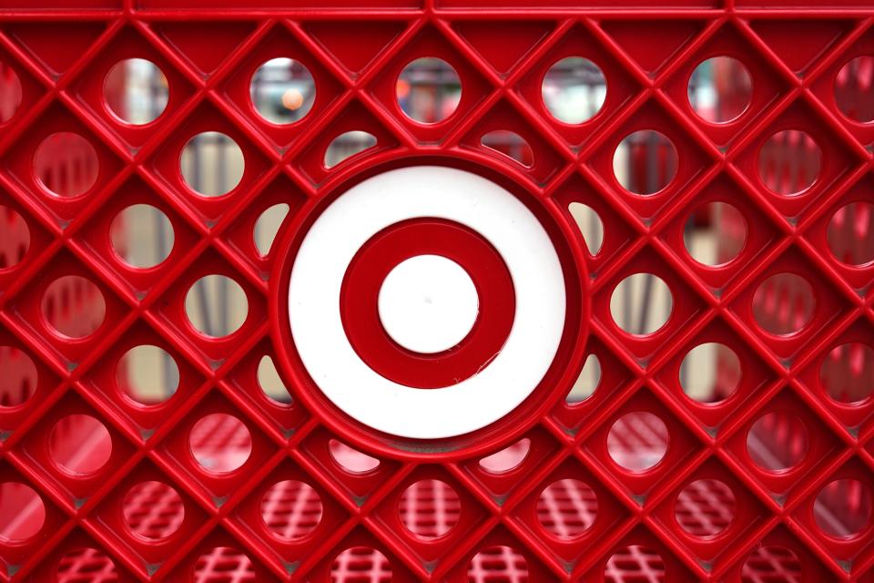 Target logo on the side of a shopping cart in a Target store in Upper Saint Clair, Pa.