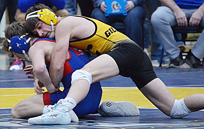 Gannon Gilligan of Kingsbury County improved his season record to 20-1 by winning the 126-pound title in the Lake Central-Big East Conference wrestling tournament on Saturady, Feb. 3 in Volga.