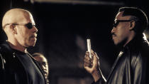 <p> Blade (Wesley Snipes) was born with abilities similar to a vampire, but also an intense grudge against them that he would be forced to set aside in director Guillermo del Toro’s second installment of the <em>Blade</em> movies from 2002. The Marvel character begrudgingly collaborates with a crew of vampires originally formed to kill him called the Bloodpack in order to stop a worse threat feeding on both humans and bloodsuckers known as Reapers. </p>