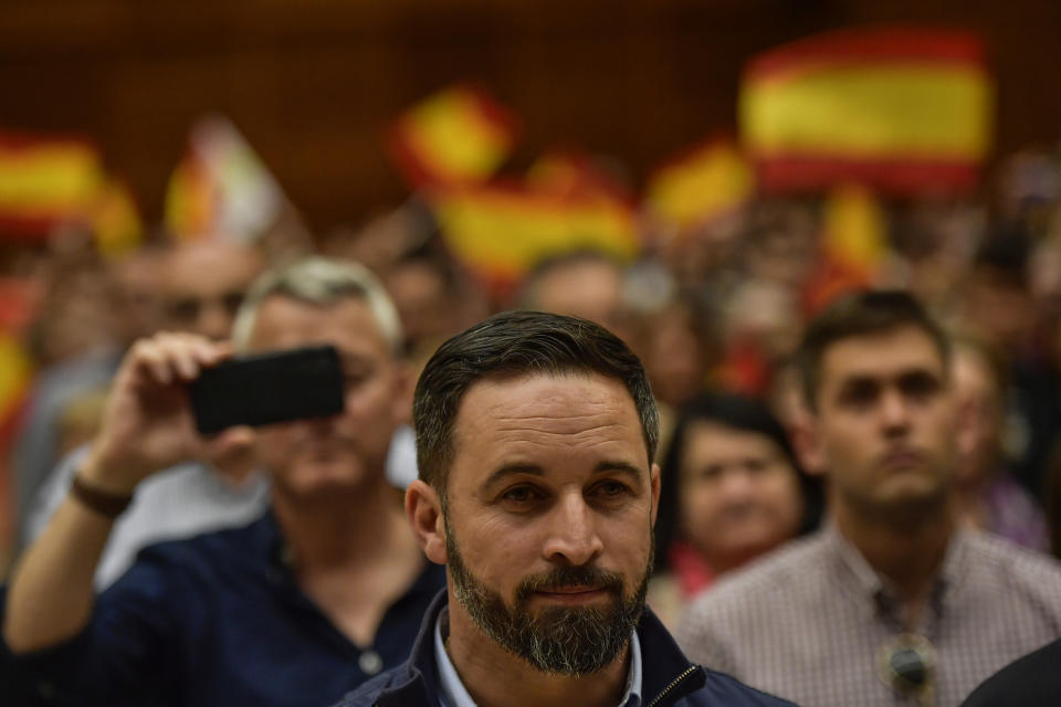 In this Saturday, April 13, 2019 photo, Santiago Abascal, leader of Spanish far right party Vox, takes part in an electoral meeting during the General Election campaign, in San Sebastian, northern Spain. (AP Photo/Alvaro Barrientos)