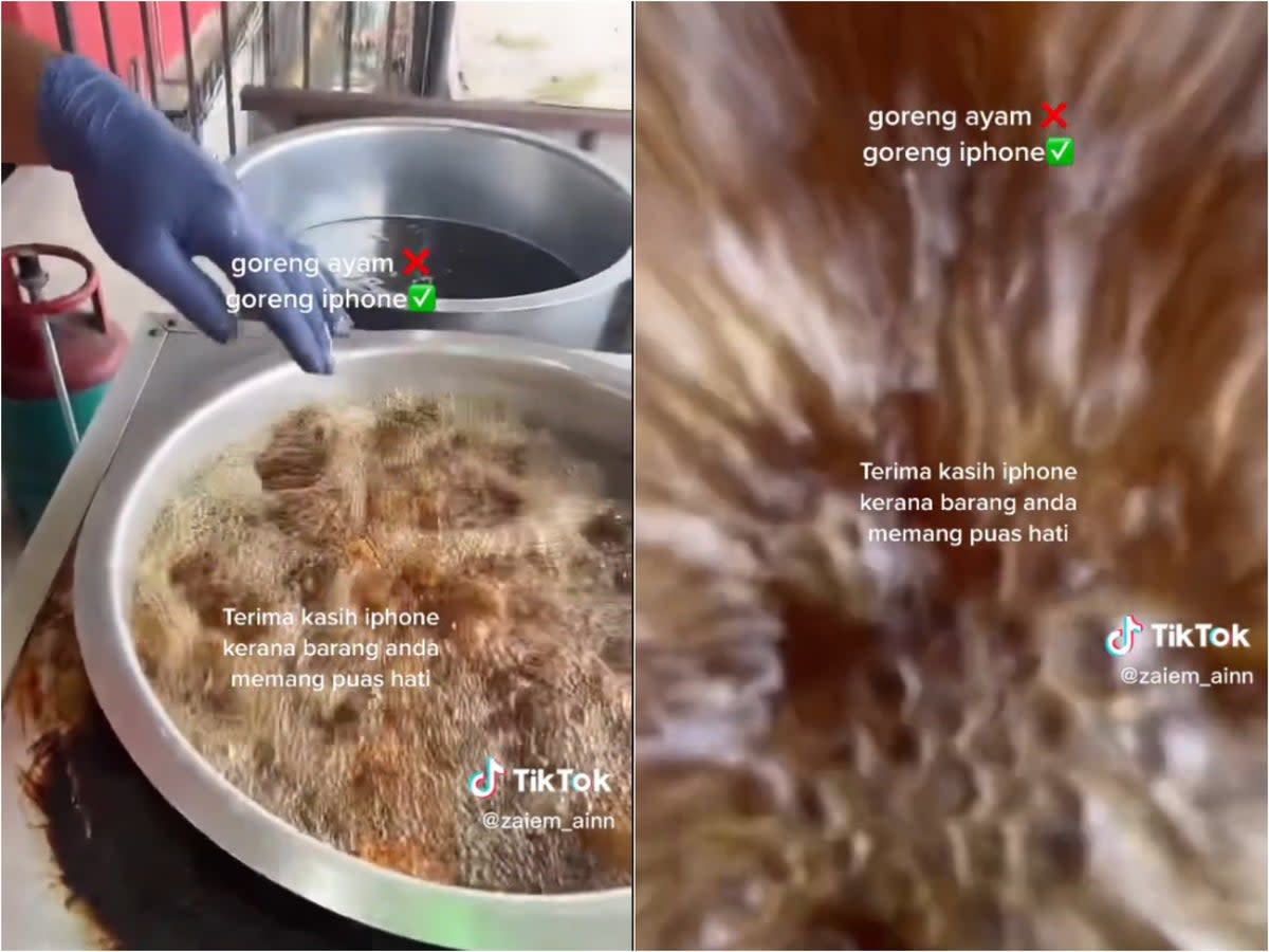 A TikTok user accidentally dropped his iPhone into a pot of boiling oil (TikTok/@zaiem_ainn)