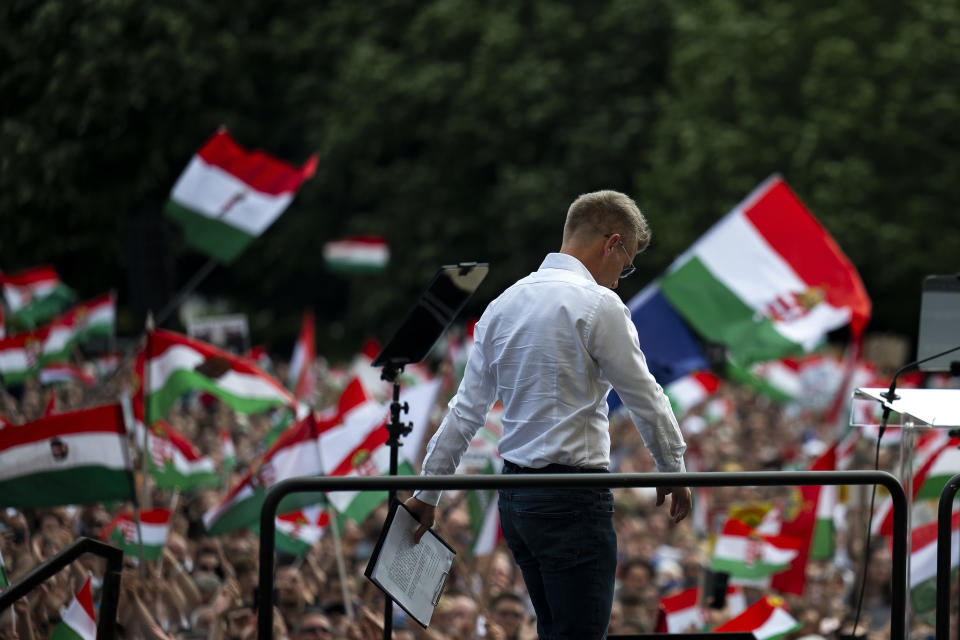 Péter Magyar, a rising challenger to Hungarian Prime Minister Viktor Orbán, enters the stage at a campaign rally in the rural city of Debrecen, Hungary, on May 5, 2024. Magyar, 43, seized on growing disenchantment with the populist Prime Minister Viktor Orbán, building a political movement that in only a matter of weeks looks poised to become Hungary's largest opposition force. (AP Photo/Denes Erdos)