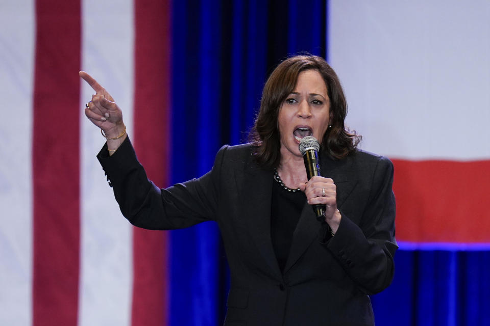 Vice President Kamala Harris speaks at a campaign rally in Los Angeles, Monday, Nov. 7, 2022. (AP Photo/Jae C. Hong)