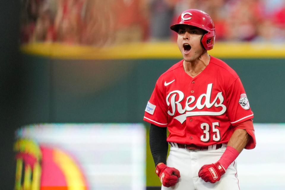 Alejo Lopez #35 of the Cincinnati Reds celebrates after hitting an RBI double in the second inning against the St. Louis Cardinals  at Great American Ball Park on Sept. 09, 2023.
