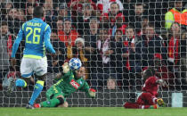 Soccer Football - Champions League - Group Stage - Group C - Liverpool v Napoli - Anfield, Liverpool, Britain - December 11, 2018 Napoli's David Ospina makes a save from Liverpool's Sadio Mane REUTERS/Jon Super