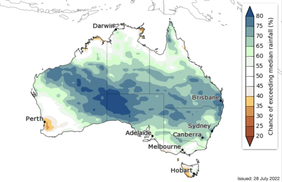 Most of Australia has a very good chance of exceeding the average rainfall for August. Source: Bureau of Meterology