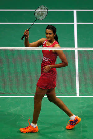 Badminton - Badminton World Championships - Glasgow, Britain - August 25, 2017. India's Pusarla Sindhu celebrates her win. REUTERS/Russell Cheyne