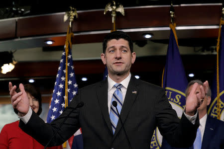 House Speaker Paul Ryan (R-WI) speaks at a news conference with Republican leaders after a closed conference on Capitol Hill in Washington, U.S., February 14, 2018. REUTERS/Yuri Gripas