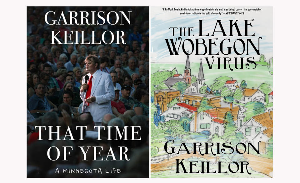 This combination photo of cover images shows from left, "That Time of Year" and "The Lake Wobegon Virus" by Garrison Keillor. (Skyhorse Publishing via AP)