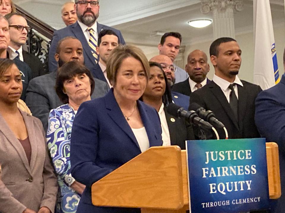 Gov. Maura Healey announces a blanket pardon for all convictions of misdemeanor marijuana possession in Massachusetts March 13, a measure approved by unanimous vote Wednesday by the Governor's Council