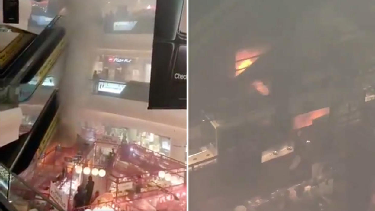 Screengrabs from videos circulating over social media showing the fire at the mall’s atrium.