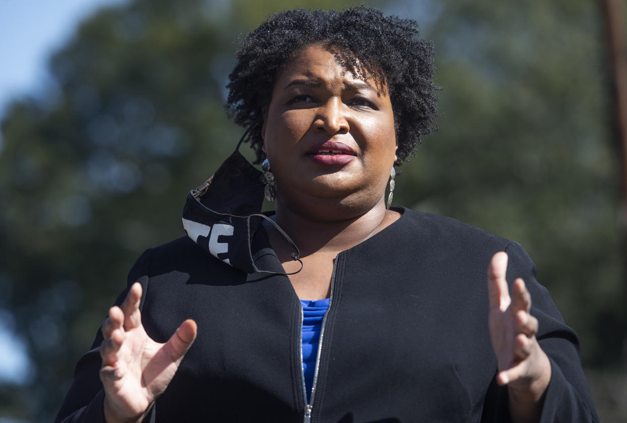 Stacey Abrams, former candidate for Georgia governor, addresses a rally for Rev. Raphael Warnock, Democratic candidate for Georgia Senate in Atlanta, in November 2020. 