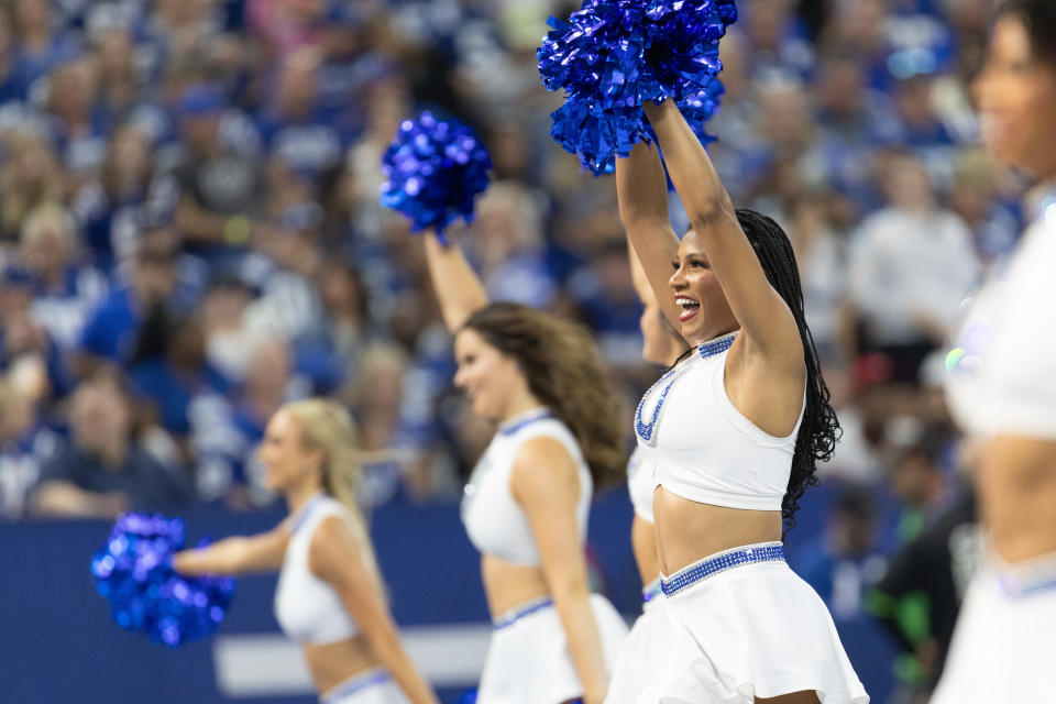 Oct 1, 2023; Indianapolis, Indiana, USA; Indianapolis Colts cheerleaders in the game against the Los Angeles Rams at Lucas Oil Stadium. Mandatory Credit: Trevor Ruszkowski-USA TODAY Sports