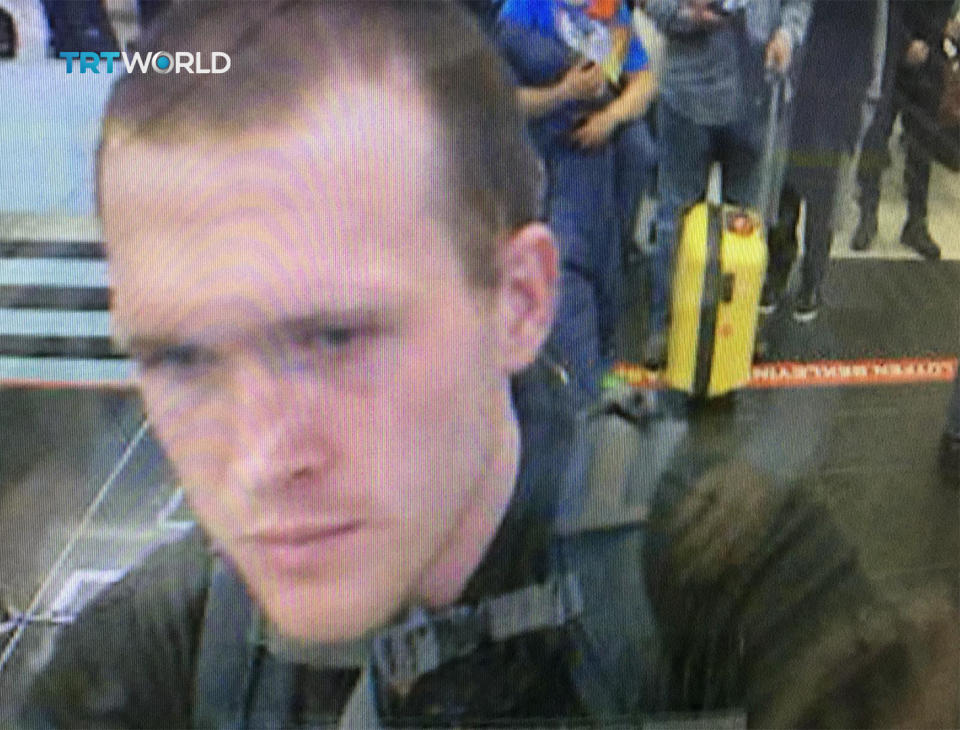 This image taken from CCTV video obtained by the state-run Turkish broadcaster TRT World and made available on Saturday, March 16, 2016, shows the arrival of who it says is Brenton Tarrant, the suspect in the New Zealand mosque attacks, in Istanbul’s Ataturk International airport in Turkey on March 2016. (TRT World via AP)
