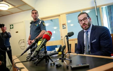 ASAP Rocky's defence lawyer Slobodan Jovicic holds a news conference at the district court after the second day of ASAP Rocky's trial in Stockholm