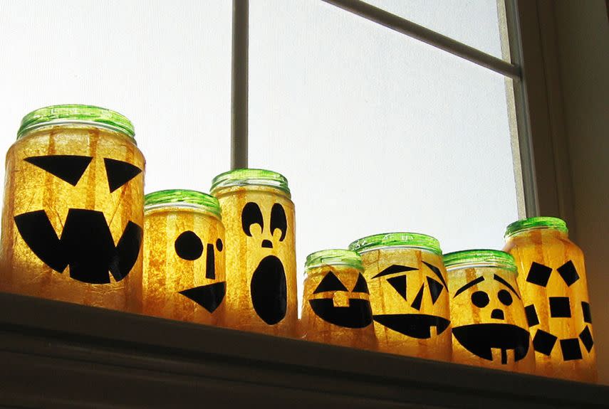 <p>Got some old spaghetti sauce jars lying around? Then you're halfway to creating this adorable vignette.</p><p><strong>Get the tutorial at <a href="http://www.instructables.com/id/Recycled-Jar-Jack-OLanterns/" rel="nofollow noopener" target="_blank" data-ylk="slk:Not So Idle Hands;elm:context_link;itc:0;sec:content-canvas" class="link ">Not So Idle Hands</a>.</strong> </p>