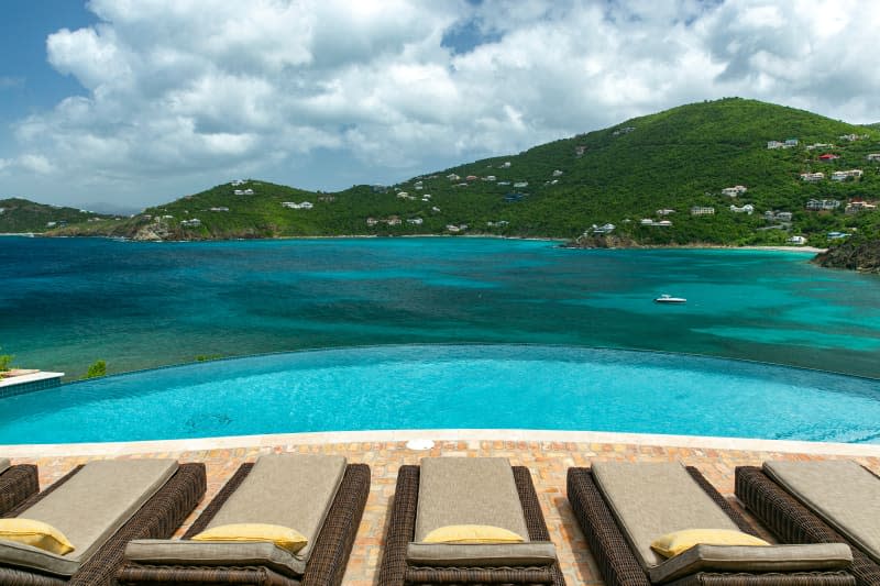 view of pool and the sea from Villa Cin Cin in St. John, US Virgin Islands