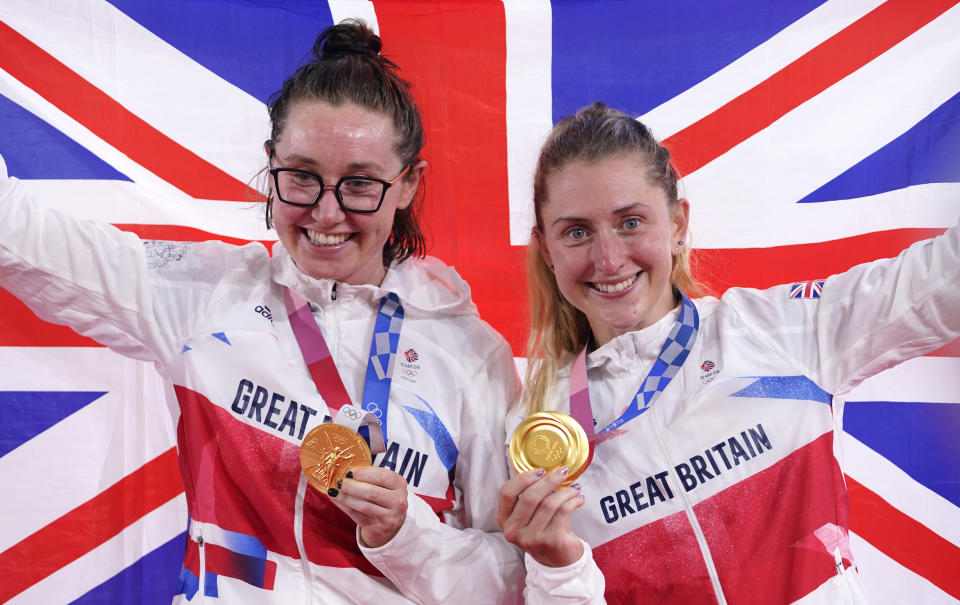 Seen here, Great Britain's Katie Archibald (left) and Laura Kenny with their gold medals from the Women's Madison in Tokyo.