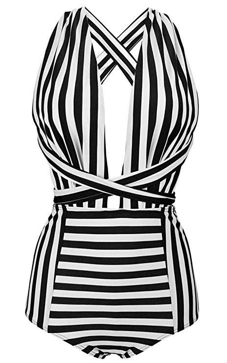 Traje de baño de una pieza Cocoship retro blanco y negro entrecruzado (Foto: Amazon).