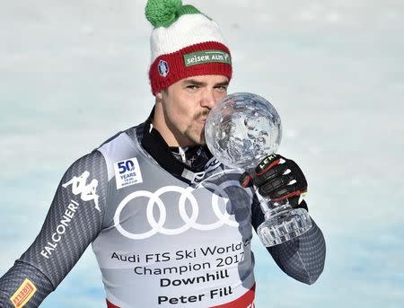 Mar 15, 2017; Aspen, CO, USA; Peter Fill of Italy celebrates after the men's downhill alpine skiing race in the 2017 Audi FIS World Cup Finals at Aspen Mountain. Mandatory Credit: Michael Madrid-USA TODAY Sports