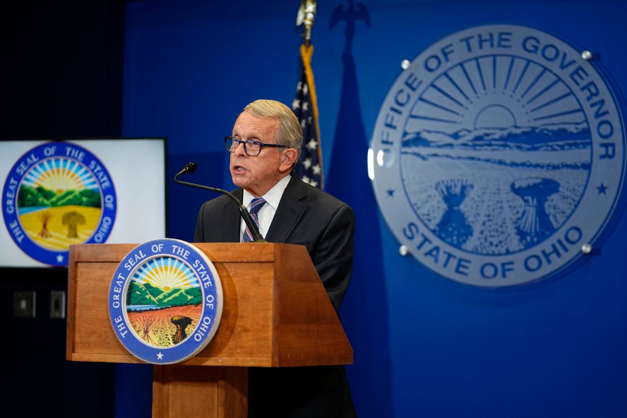Nov 30, 2022; Columbus, Ohio, USA;  Gov. Mike DeWine speaks about the verdict in the trial of George Wagner IV, was found guilty in killings of eight members of Pike County's Rhoden family, during a press conference. Mandatory Credit: Adam Cairns-The Columbus Dispatch