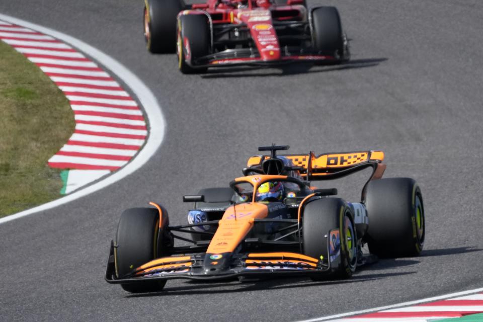 McLaren driver Oscar Piastri of Australia steers his car during the Japanese Formula One Grand Prix at the Suzuka Circuit in Suzuka, central Japan, Sunday, April 7, 2024. (AP Photo/Hiro Komae)