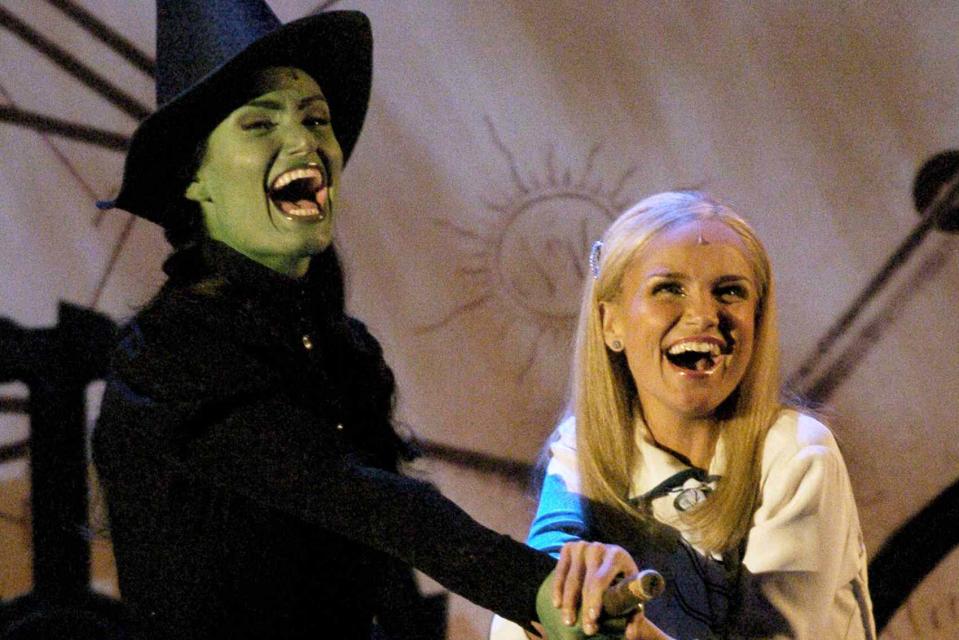 <p>Richard Corkery/NY Daily News Archive via Getty</p> Idina Menzel and Kristin Chenoweth performing at the 58th annual Tony Awards