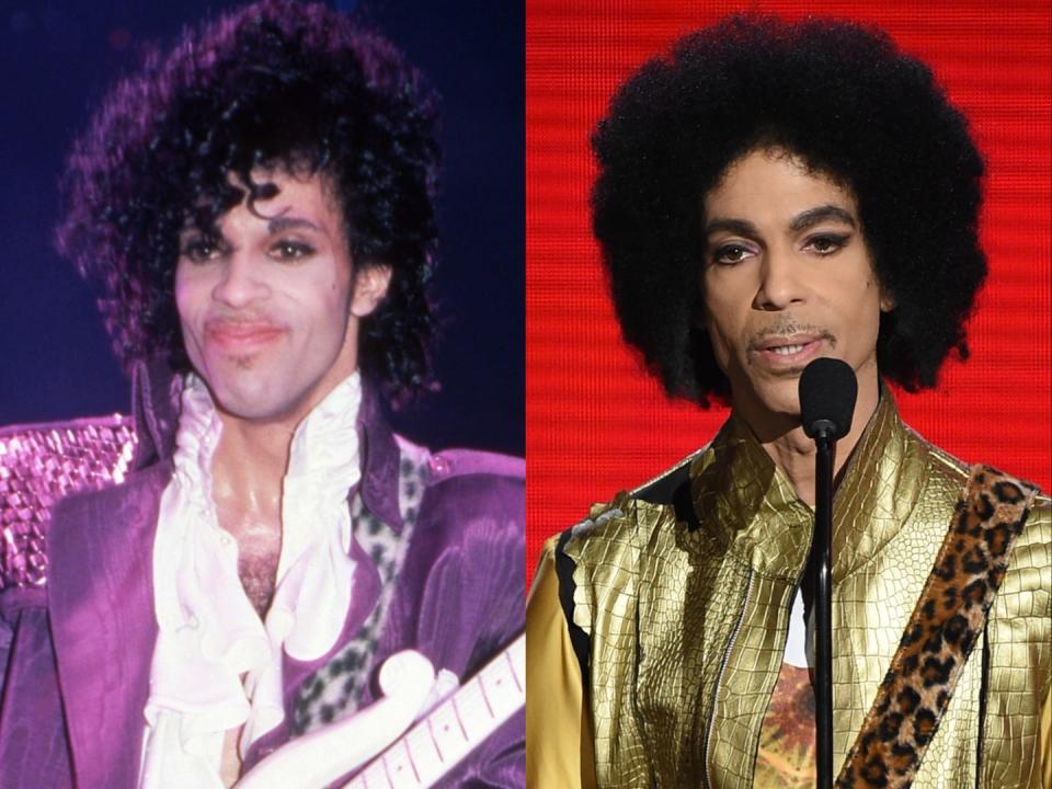 On the left, Prince performing in his Purple Rain outfit in 1984. On the right, Prince talking into a microphone in 2015.