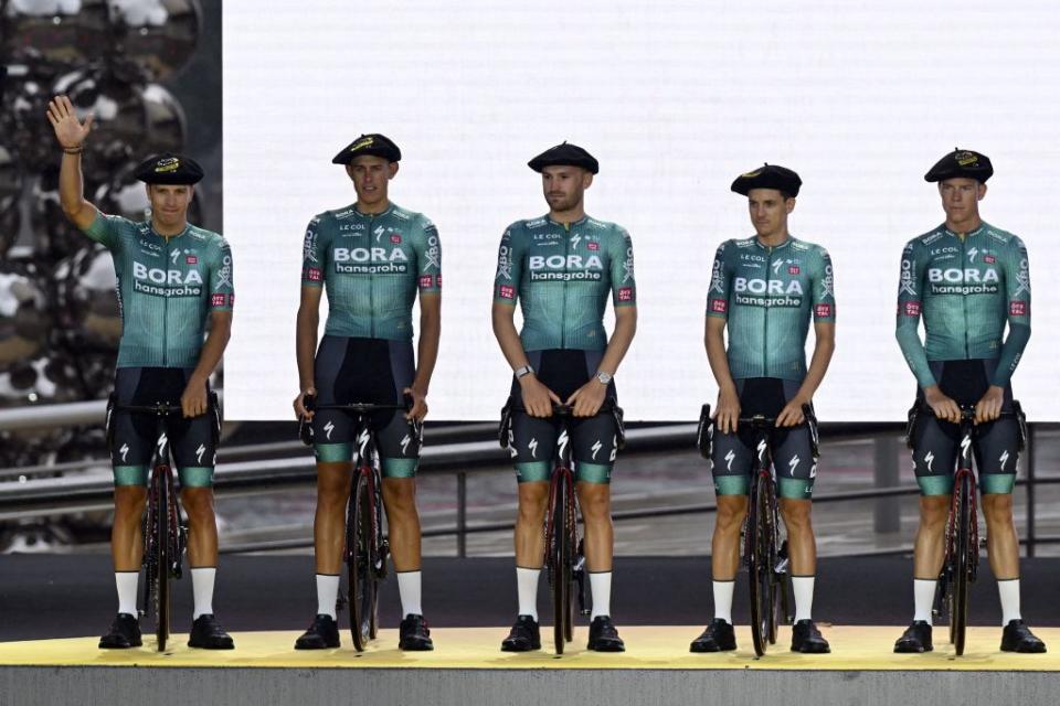 Belgian Jordi Meeus of BoraHansgrohe pictured during the team presentation ahead of the 110th edition of the Tour de France cycling race in Bilbao Spain Thursday 29 June 2023 This years Tour de France takes place from 01 to 23 July 2023 and starts with three stages in Spain BELGA PHOTO DIRK WAEM Photo by DIRK WAEM  BELGA MAG  Belga via AFP Photo by DIRK WAEMBELGA MAGAFP via Getty Images
